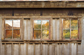 Old western logging building with windows reflecting aspen landscape