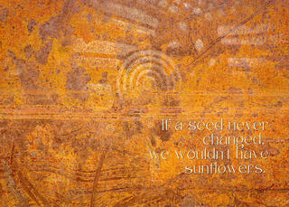 A photo of scratches and paint of a flower reaching to the sun in a rusty panel and a quote about change.