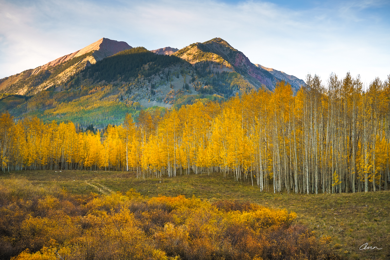 Avery Peak in Gothic, Colorado near Crested Butte with the last afternoon sun and autumn aspens in meadow below.