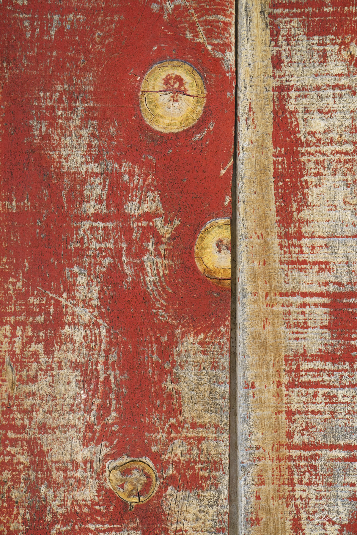 Close-up of a textured panel of red barn wood with three knots.