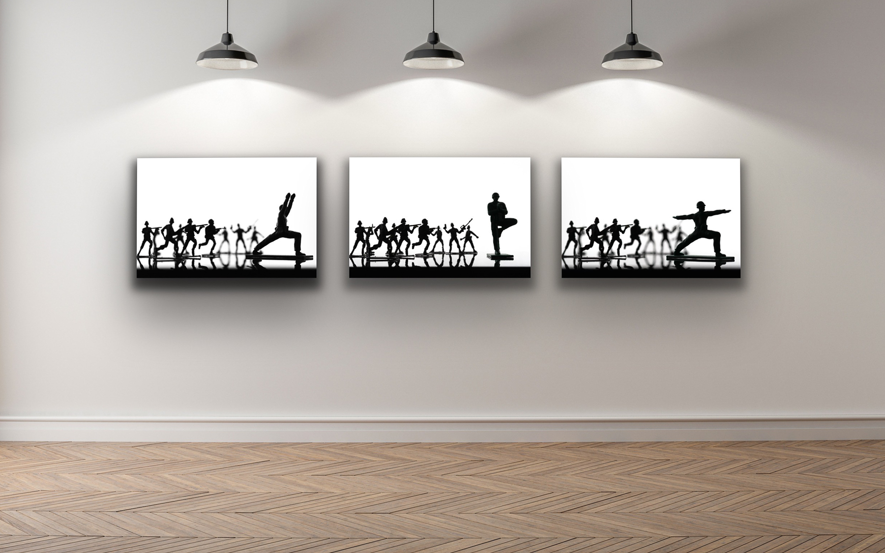 Three large art prints of toy soldier in yoga poses